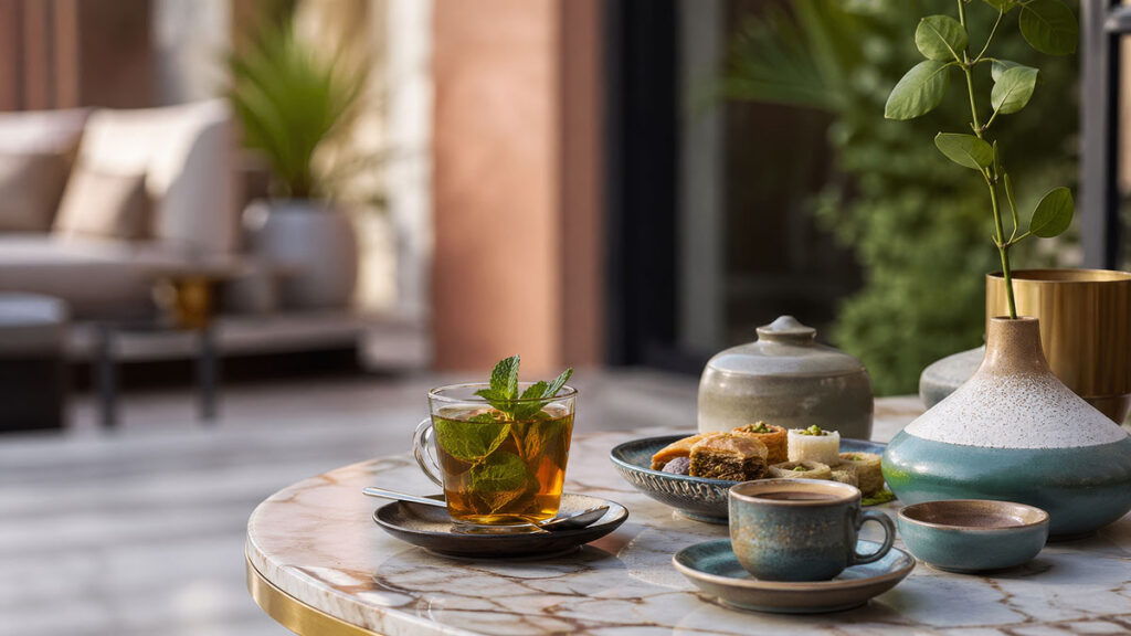 tea and snacks on table in hotel room